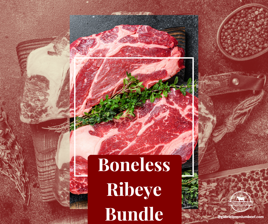 Premium Boneless Ribeye Steak Bundle with 8lbs of ribeye and ground beef, perfect for grilling and gourmet meals.