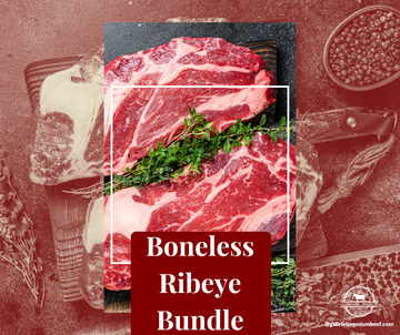 Premium Boneless Ribeye Steak Bundle with 8lbs of ribeye and ground beef, perfect for grilling and gourmet meals.