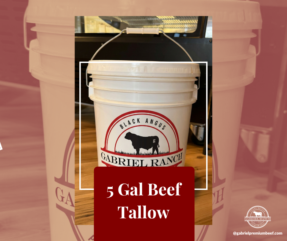 Large farm-raised beef tallow from Gabriel Ranch, organic, grass-fed, hand-crafted sustainable fat in clear container