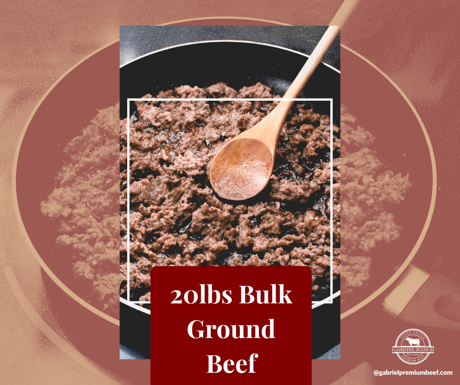 20lbs bulk black Angus ground beef 80/20 from Gabriel Ranch, farm-raised, grass-fed, locally-sourced, vacuum sealed packaging