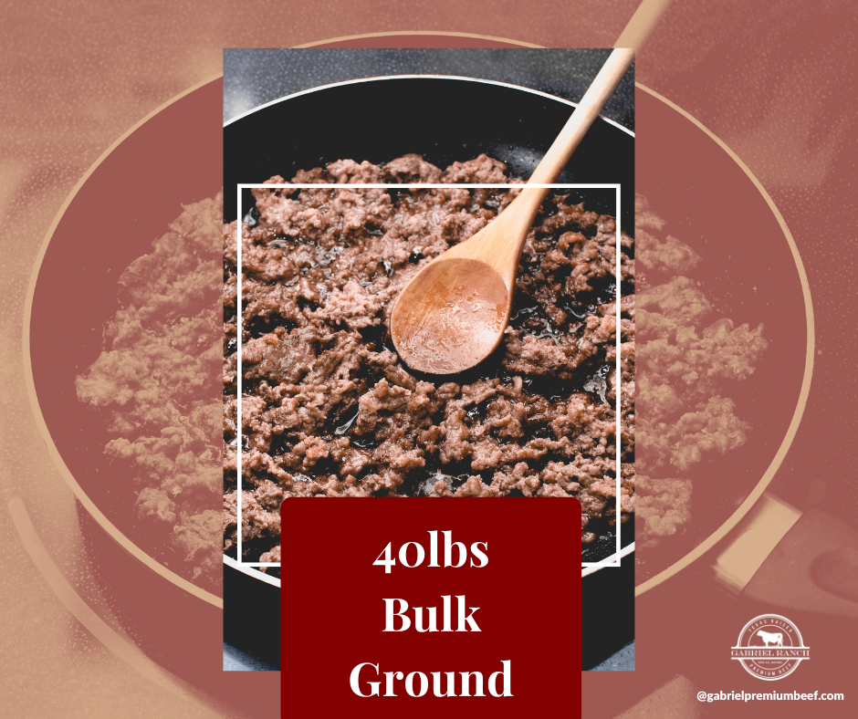 Gabriel Ranch 40lbs bulk ground beef 80/20 Black Angus, farm-raised grass-fed organic meat, vacuum-sealed in large package