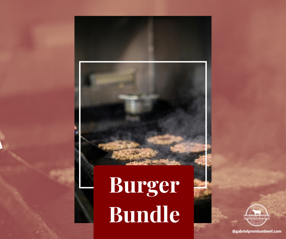 Gabriel Ranch Burger Bundle with two beef patties, sesame seed buns, leaf lettuce, sliced tomatoes, and cheddar cheese slices