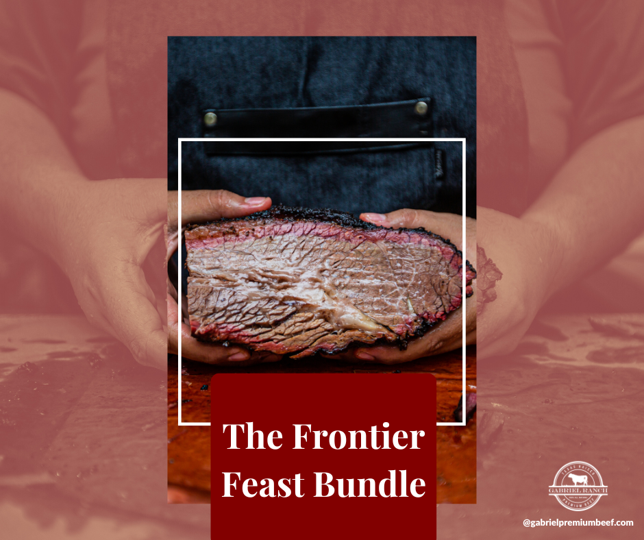 Gabriel Ranch Frontier Feast Bundle with assorted cured meats, cheeses, and bread in a woven basket with natural fiber lining