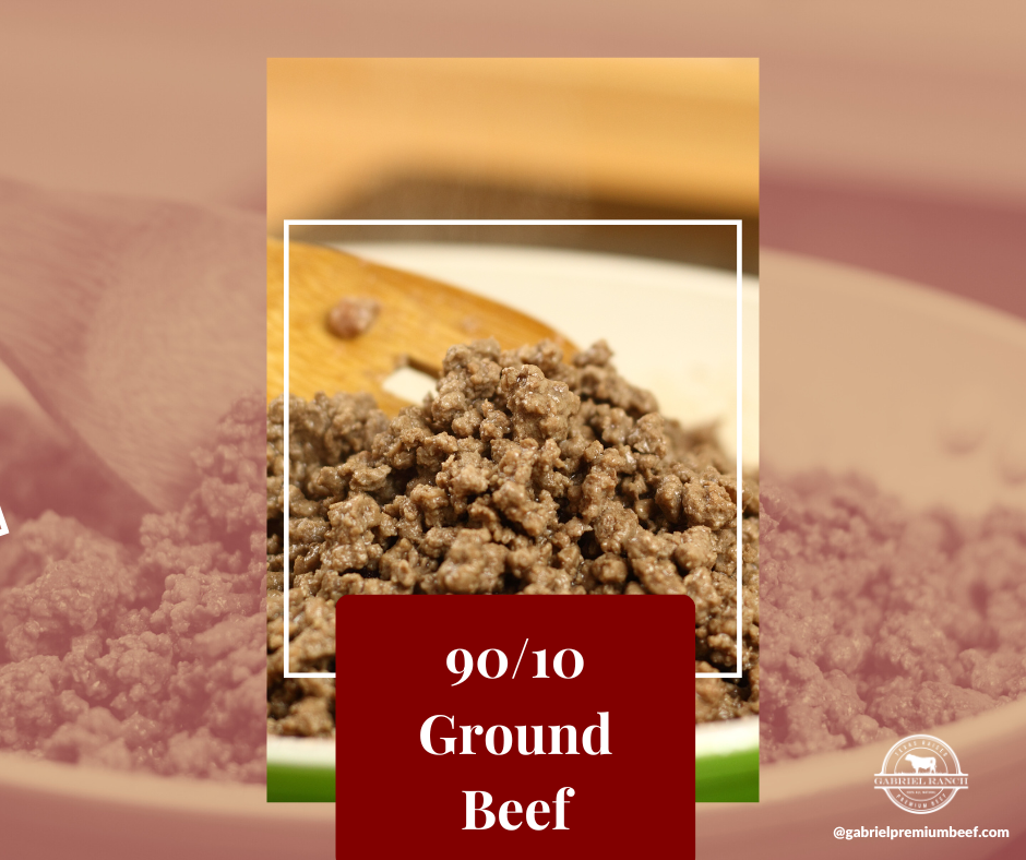 Ground beef 90/10 lean from Gabriel Ranch, farm-raised, grass-fed, locally-sourced, plastic-wrapped for freshness