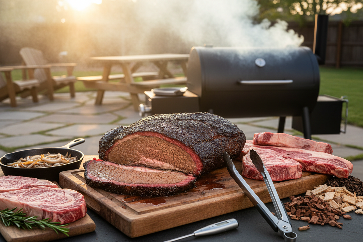 Close-up of the Grill Season Stock UP label on the package’s top edge, showing bold black text and orange accents against