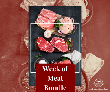 Assorted meats including steaks and sausages in a rustic setting, Week Of Meat Bundle by Gabriel Ranch